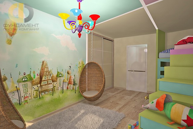 Дизайн детской комнаты для девочки. Фото интерьера с подвесным креслом