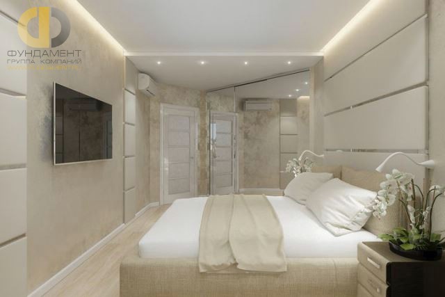 Дизайн монохромной бежевой спальни 15 кв. м. Фото
