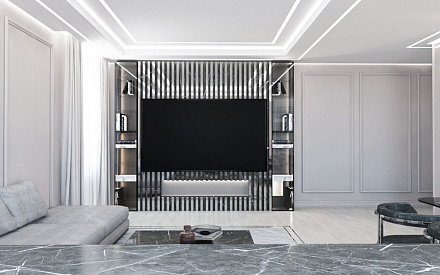 Дизайн интерьера гостиной в трёхкомнатной квартире 116 кв.м в современном стиле с элементами неоклассики и ар-деко8