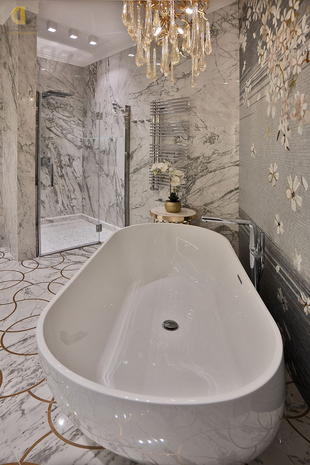 Фото ремонта ванной в трёхкомнатной квартире 133 кв. м в стиле ар-деко  – фото 68