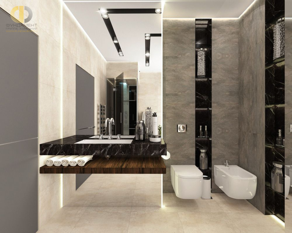 Дизайн интерьера ванной в трёхкомнатной квартире 116 кв.м в современном стиле с элементами неоклассики и ар-деко3