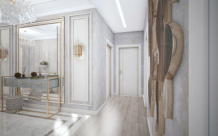 Дизайн интерьера коридора в четырёхкомнатной квартире 121 кв.м в стиле неоклассика с элементами ар-деко3