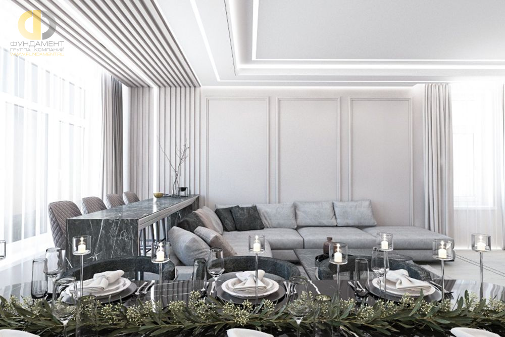 Дизайн интерьера гостиной в трёхкомнатной квартире 116 кв.м в современном стиле с элементами неоклассики и ар-деко7