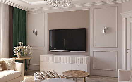 Дизайн интерьера гостиной в двухкомнатной квартире 81 кв.м в стиле неоклассика с элементами ар-деко10
