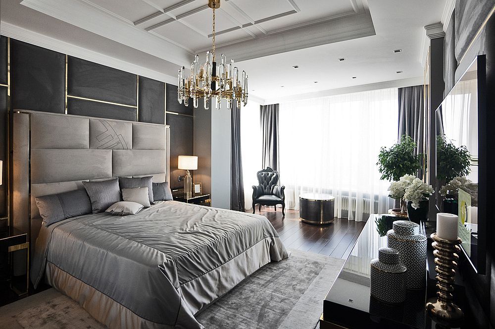 Золотая спальня: фото интерьера с белыми, синими, черными обоями и шторами