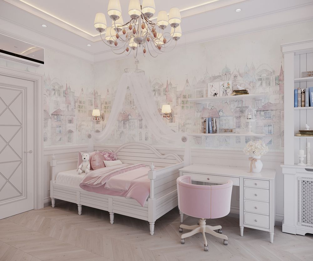 Детская комната для девочки с белой мебелью