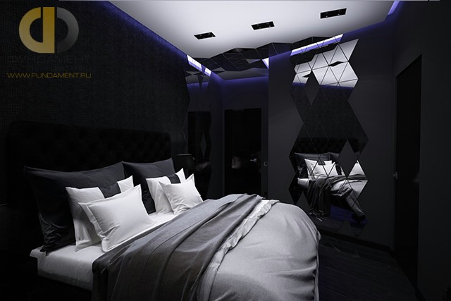 Дизайн спальни 15 кв. м в современном стиле. Фото интерьера в темных тонах