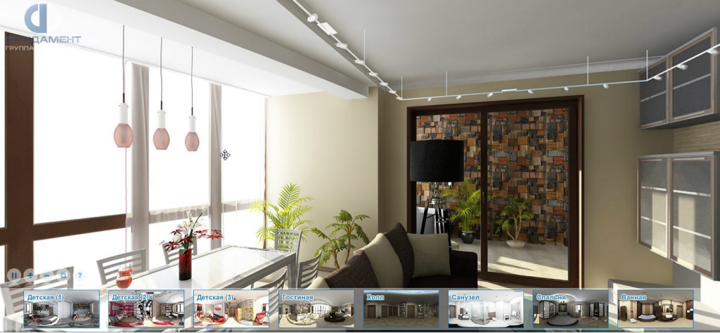 Дизайн бежево-коричневой гостиной, совмещенной с кухней. Виртуальный тур в 3D