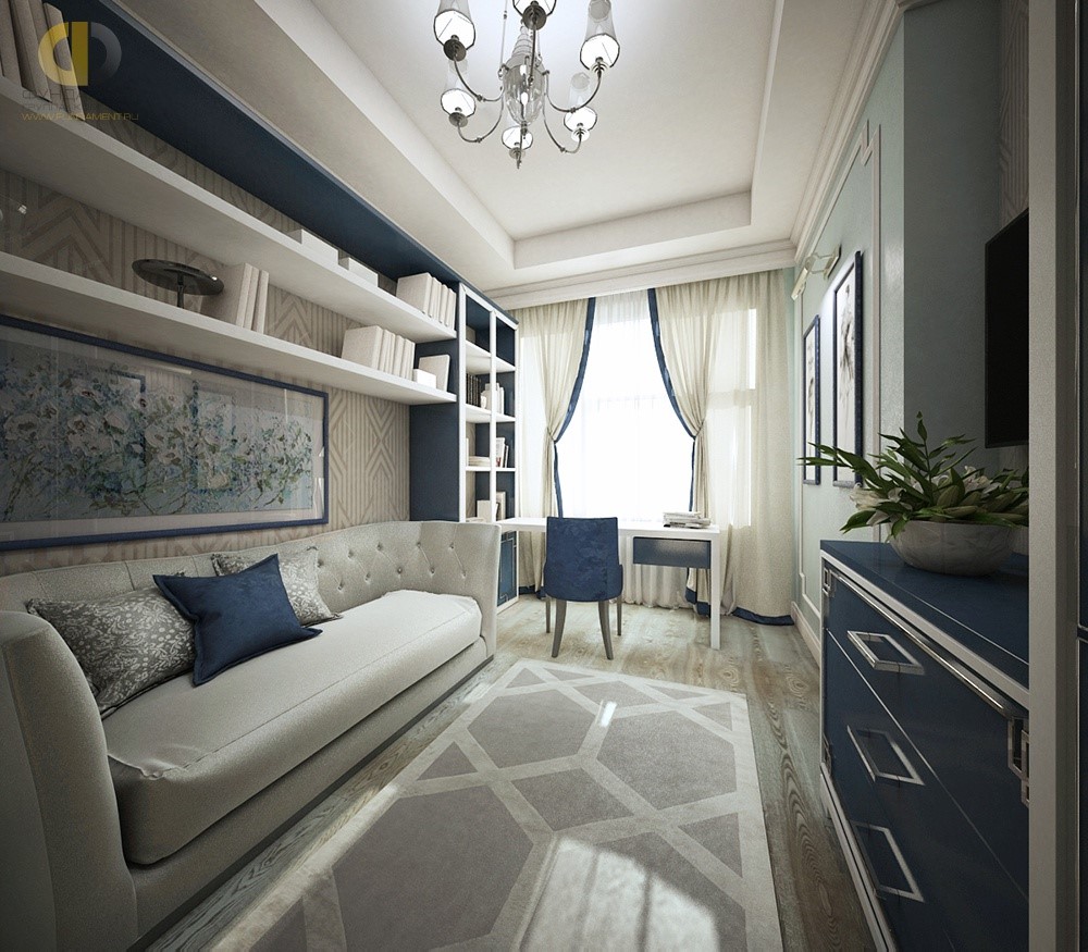 Дизайн интерьера кабинета с синими акцентами в ЖК «Английский Квартал» 