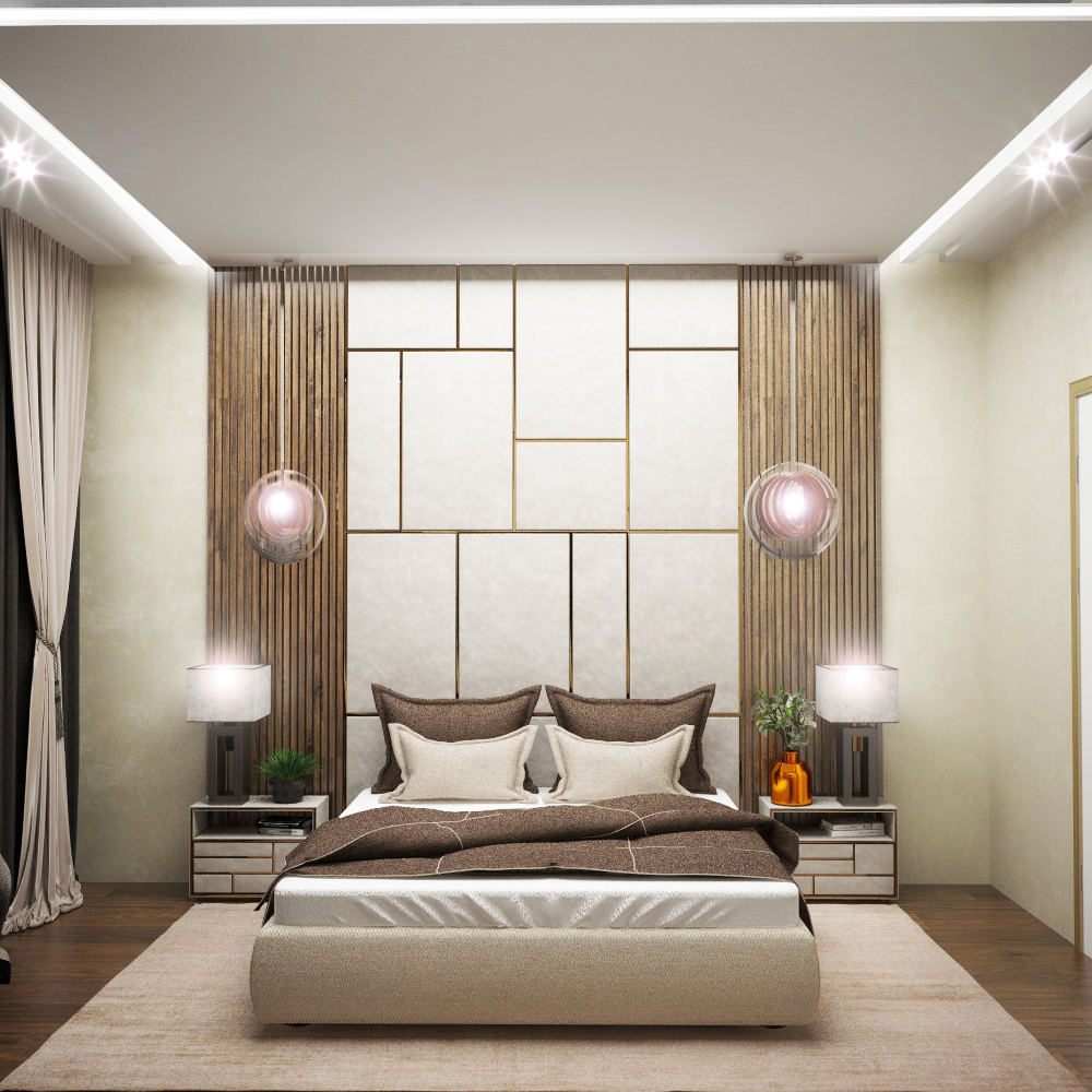 На фото:Интерьер спальни в квартире в стиле неоклассика