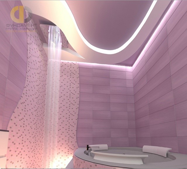 Дизайн помещений дома в ЖК «Загородный Квартал» – розовая ванная с душем-водопадом