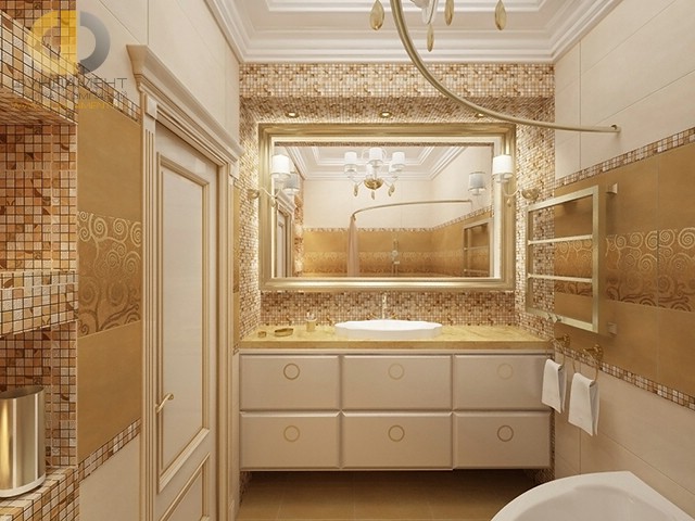 Современные идеи в дизайне ванной комнаты с золотистой плиткой. Фото 2016