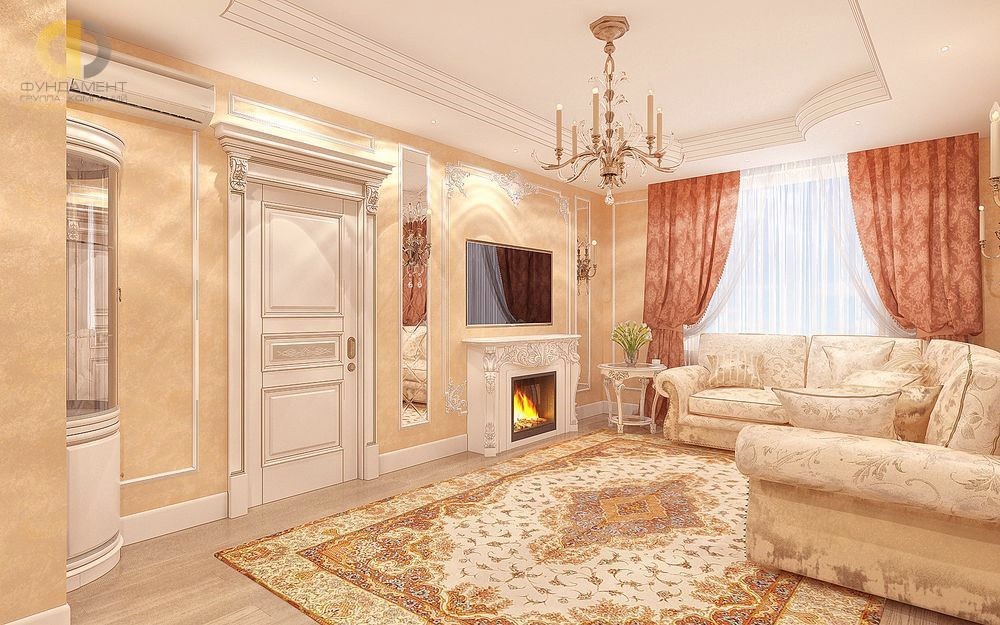 Классический интерьер гостиной с камином на Ленинском проспекте