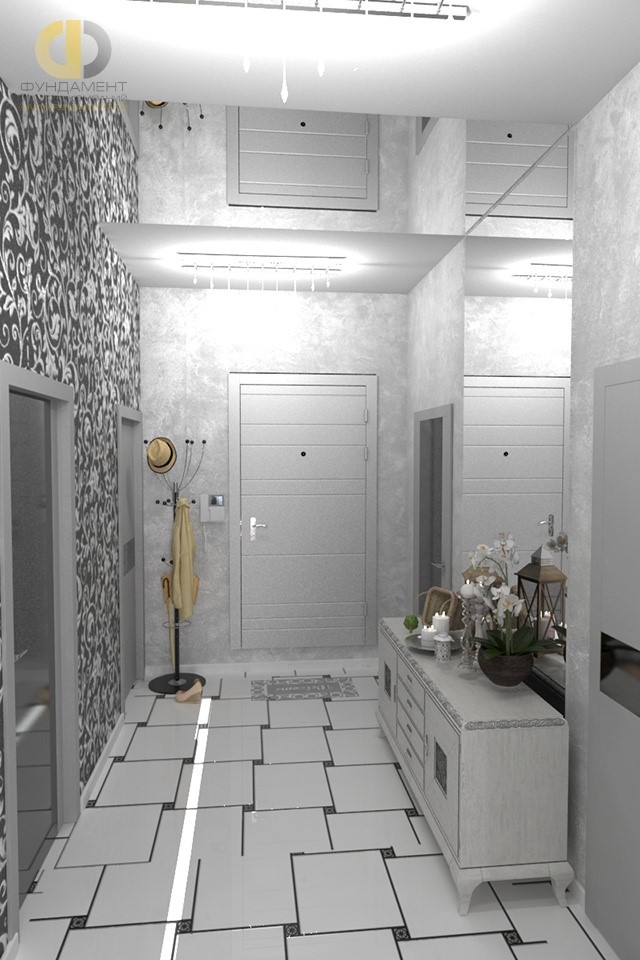Дизайн помещений дома в ЖК «Загородный Квартал» – коридор с большими зеркалами