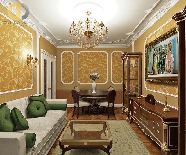 Интерьер классической гостиной с деревянной мебелью