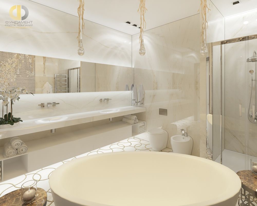 Интерьер ванной комнаты в ЖК «Долина Сетунь» с двумя раковинами