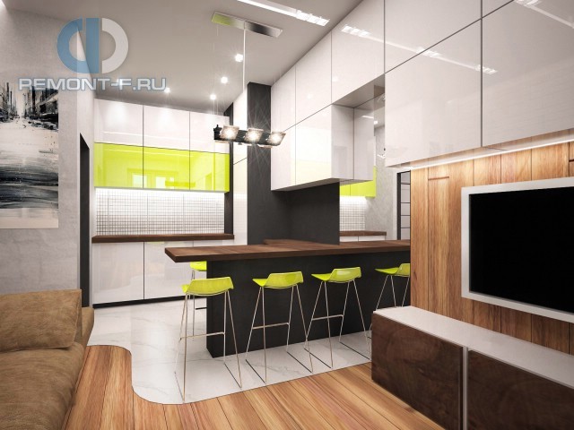 Дизайн-проект современной кухни-гостиной с лаймовыми акцентами