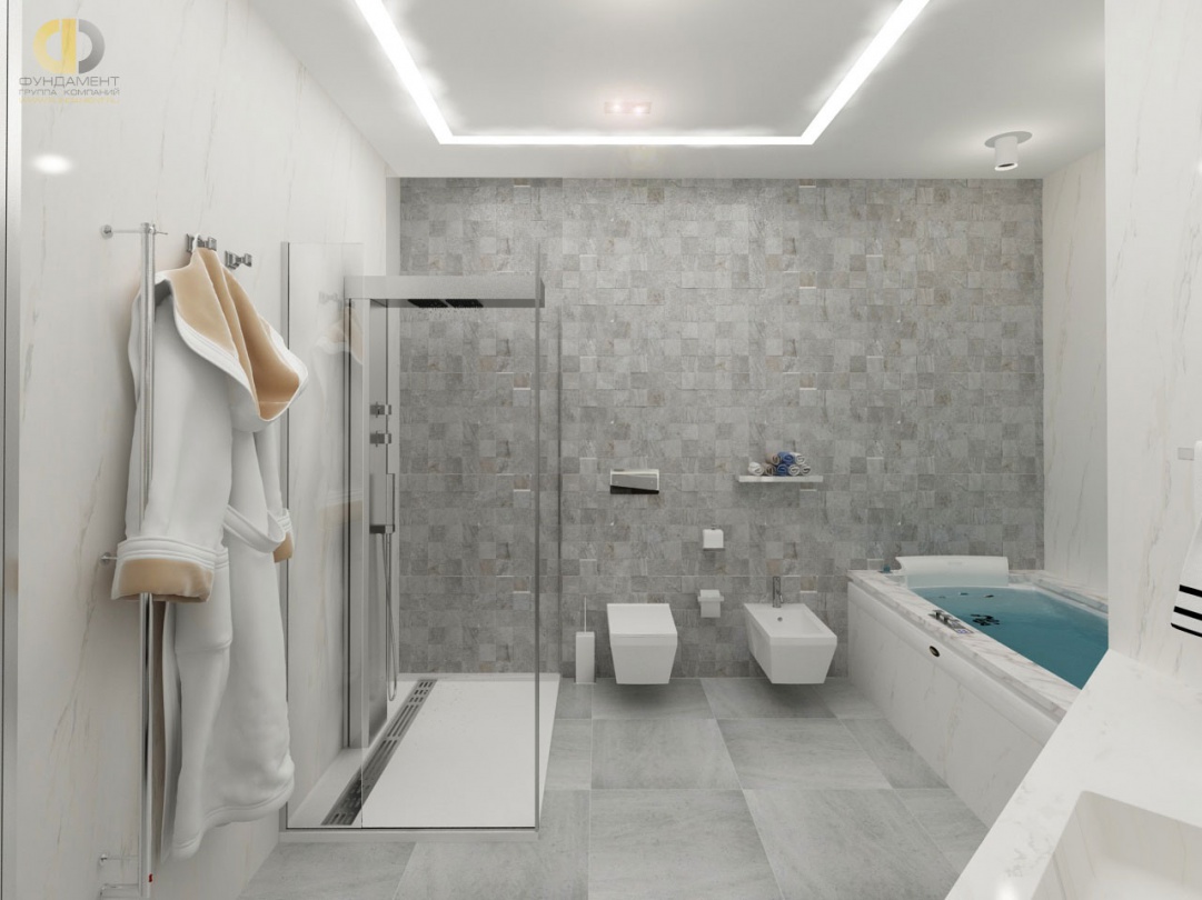 Ванная комната с акцентной стеной из плитки в 3D-эффектом
