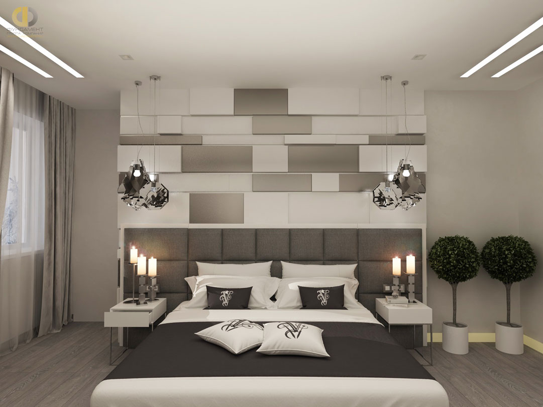 Интерьер светлой спальни в современном стиле с рельефной стеной