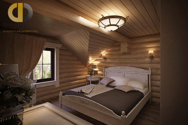 Дизайн спальни 15 кв. м. Фото интерьера на мансарде деревянного дома