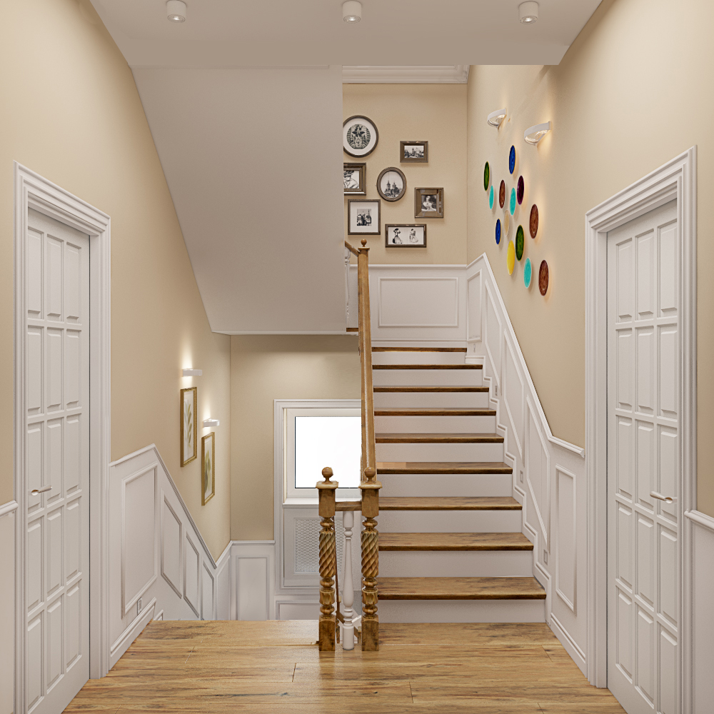 На фото:Интерьер лестницы в квартире в стиле американская классика