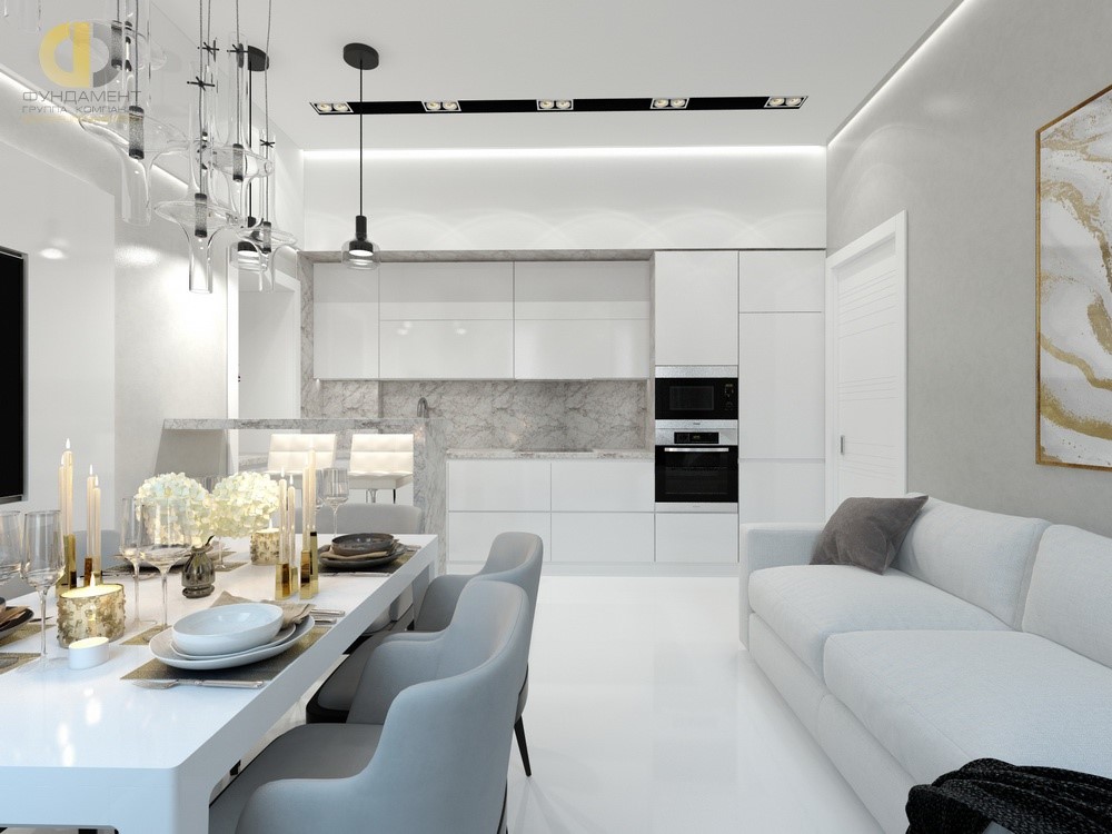 Дизайн интерьера кухни-гостиной в 3D визуализации