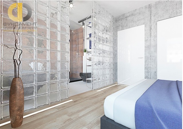 Дизайн спальни 15 кв. м в современном стиле с ванной. Фото интерьера