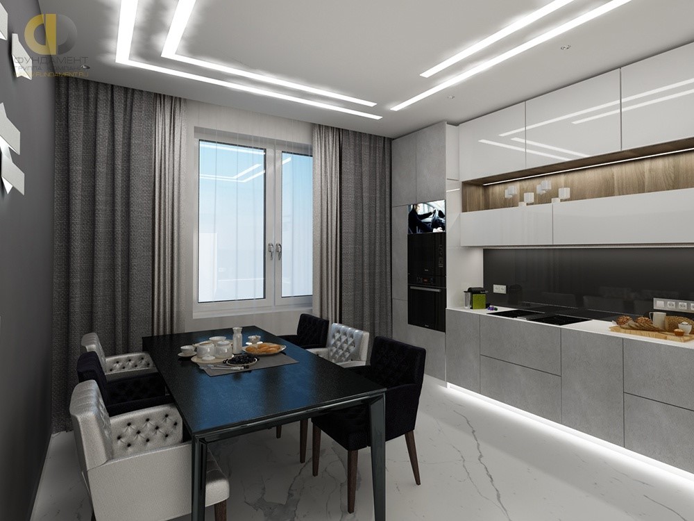 Дизайн интерьера современной кухни со светодиодной подсветкой в ЖК «Мосфильмовский» 