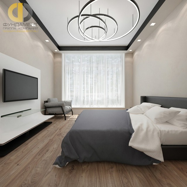 Спальня в современном стиле с квадратными подсветками по периметру потолка