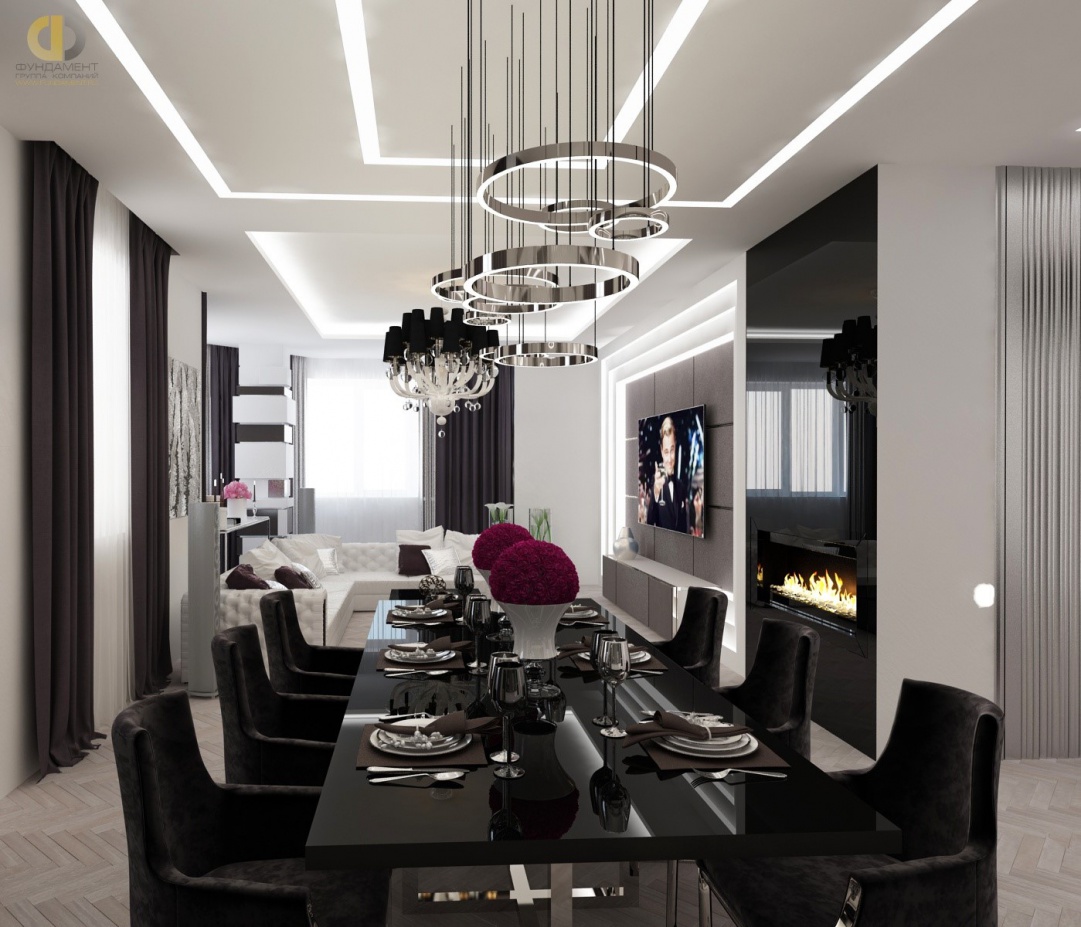 Дизайн помещений трехкомнатной квартиры в ЖК «Эдельвейс» – гостиная-столовая с камином