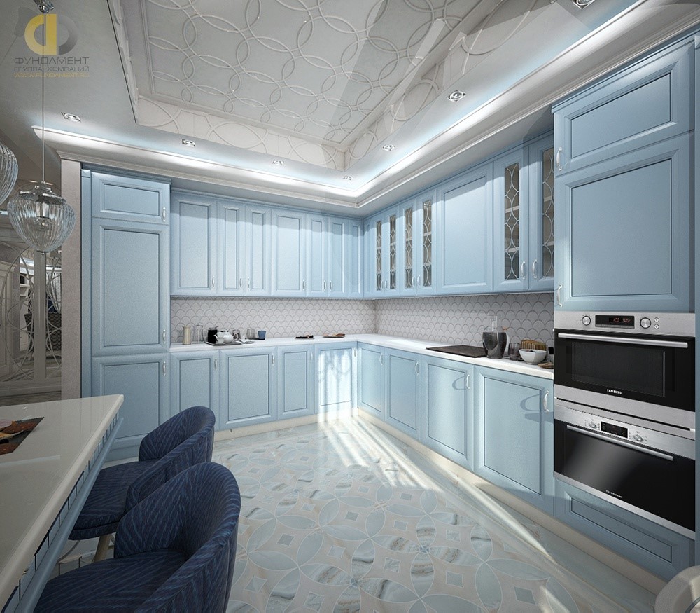 Кухня в белых и голубых тонах в ЖК «Английский Квартал» 