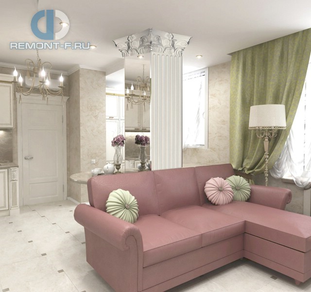 Зеркальная белая колонна в декоре гостиной с угловым диваном
