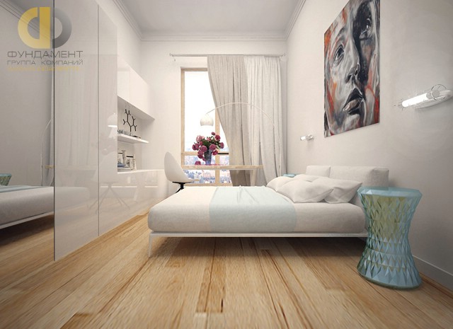 Дизайн спальни 15 кв. м в современном стиле. Фото интерьера с постером