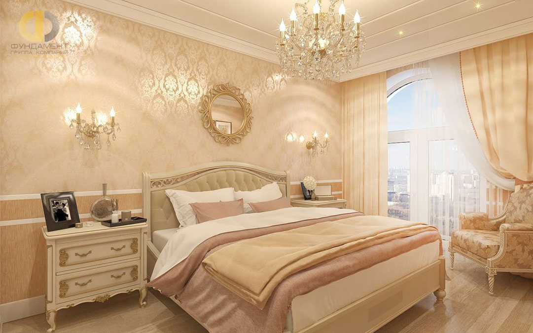 Интерьер спальни в классическом стиле на Ленинском проспекте с отделкой обоями в два уровня