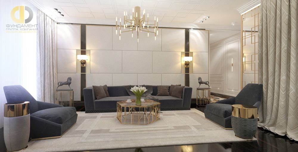 Интерьер современной гостиной комнаты с геометричными узорами