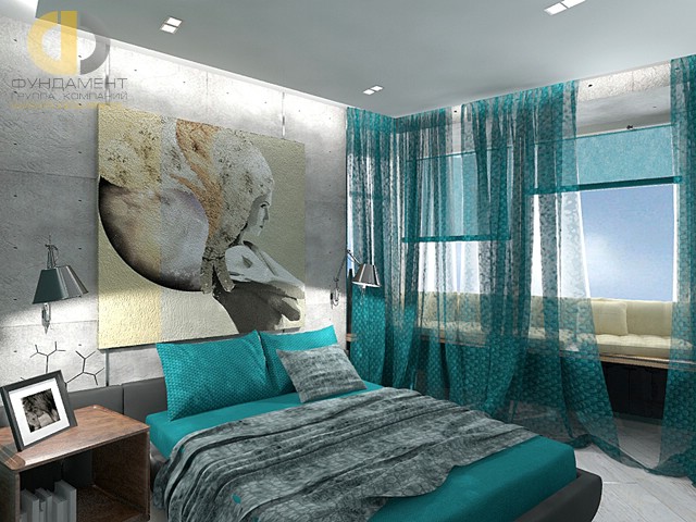 Дизайн спальни 15 кв. м в современном стиле. Фото интерьера с диваном