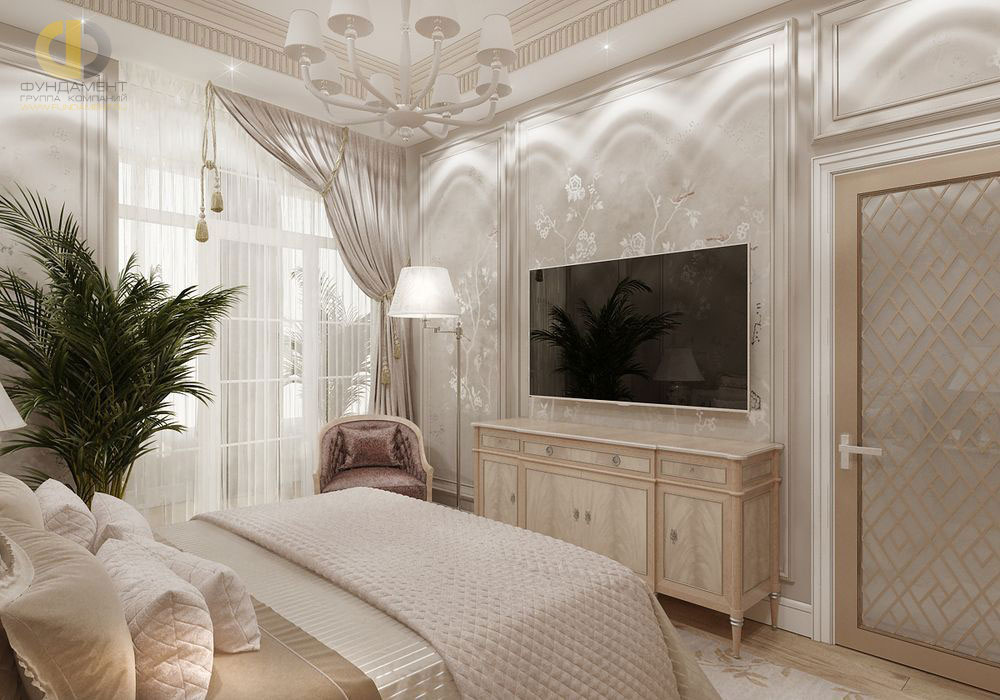 Интерьер белой спальни в стиле ар-деко