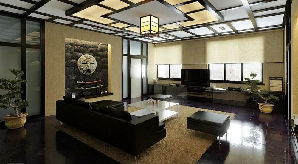 На фото:Ремонт гостиной в японском стиле