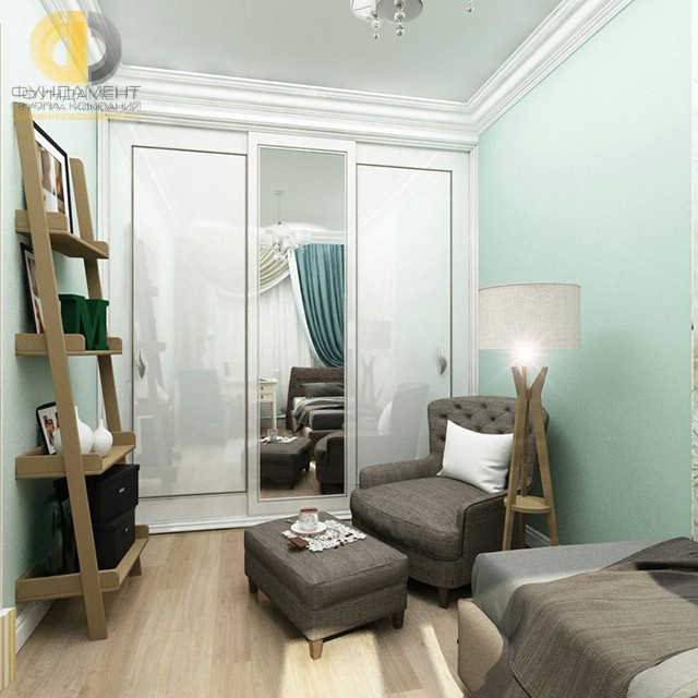 Дизайн зоны отдыха с каминным креслом и пуфом в спальне девочки