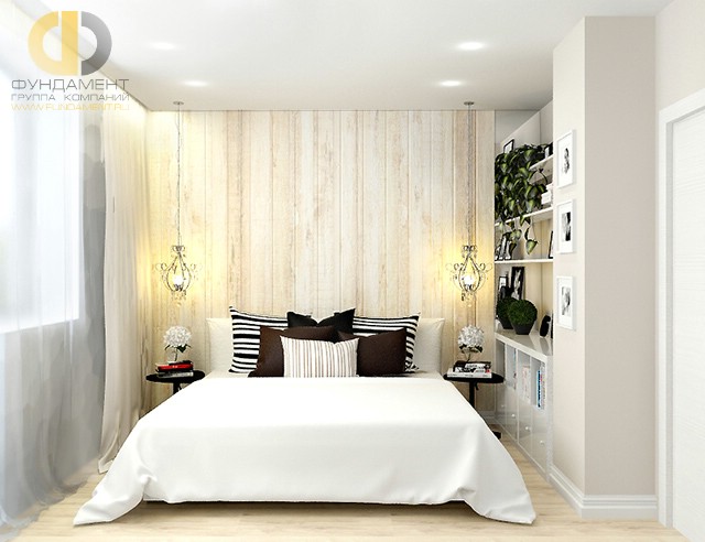 Современные идеи в дизайне спальни с деревянной стеной. Фото 2016