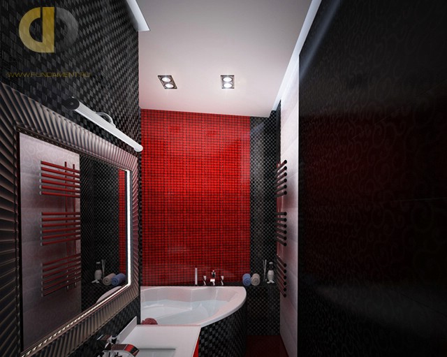 Интерьер ванной комнаты в современном стиле с угловой ванной в квартире на Можайском шоссе