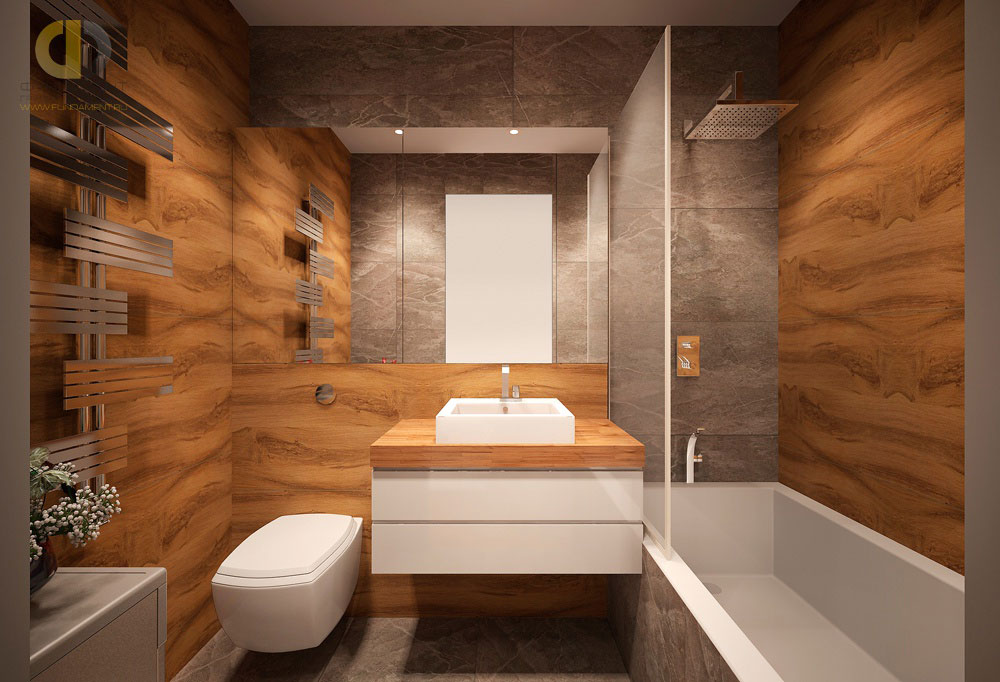 Дизайн ванной комнаты, отделанной камнем и деревом