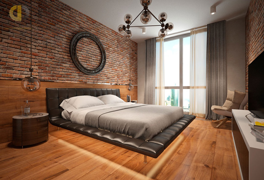 Интерьер спальни в квартире в стиле лофт. Фото 2018