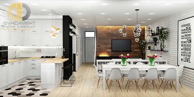 Дизайн кухни-гостиной в стиле лофт. Фото интерьера 2018 года