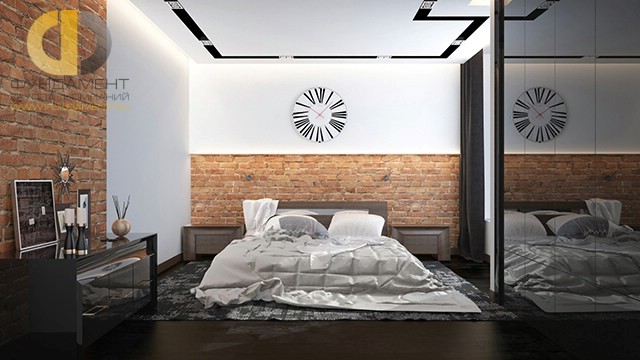 Интерьер спальни в стиле лофт с круглыми часами 