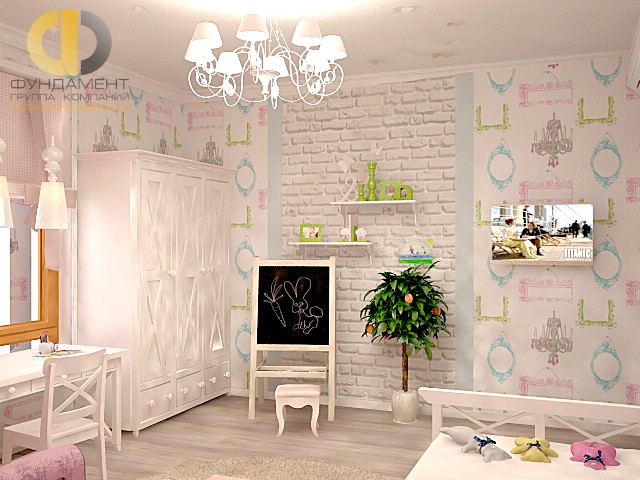 Дизайн детской комнаты для девочки. Фото интерьера с кирпичной кладкой
