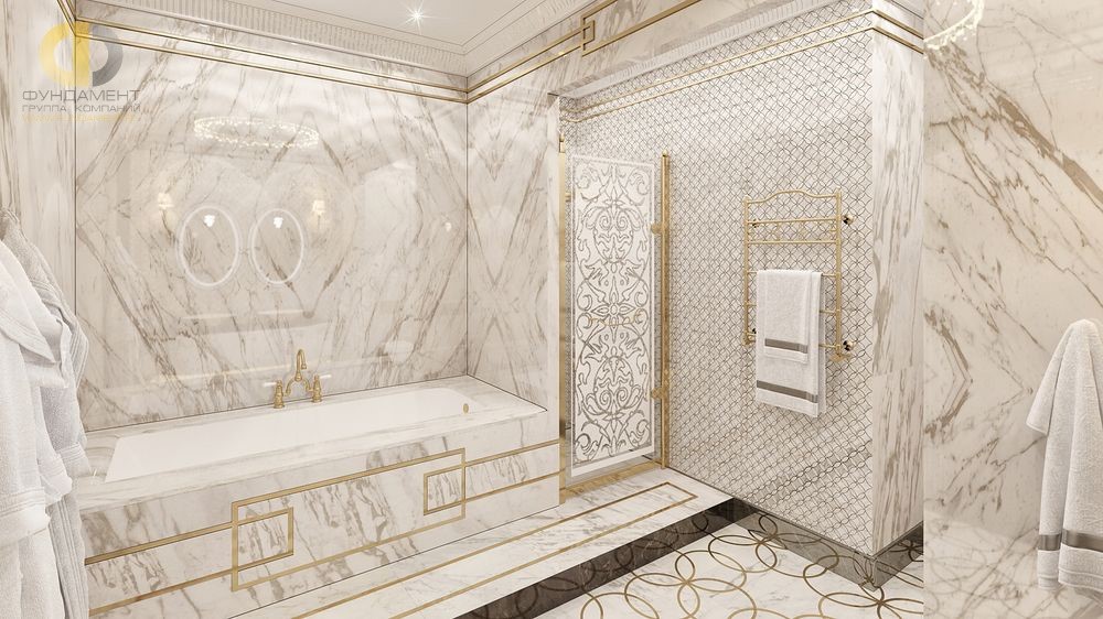 Дизайн ванной комнаты в стиле арт-деко с мраморной отделкой