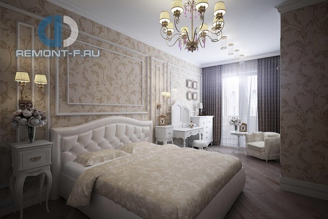 Спальня с бежевыми обоями и белой мебелью