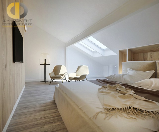 Дизайн спальни 15 кв. м в современном стиле. Фото интерьера на мансарде
