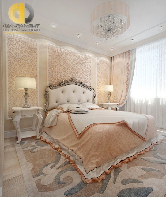 Дизайн спальни в персиковых тонах и имитацией панелей буазери 